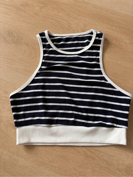 Tops - Navy and White Striped Ribbed Crop Top